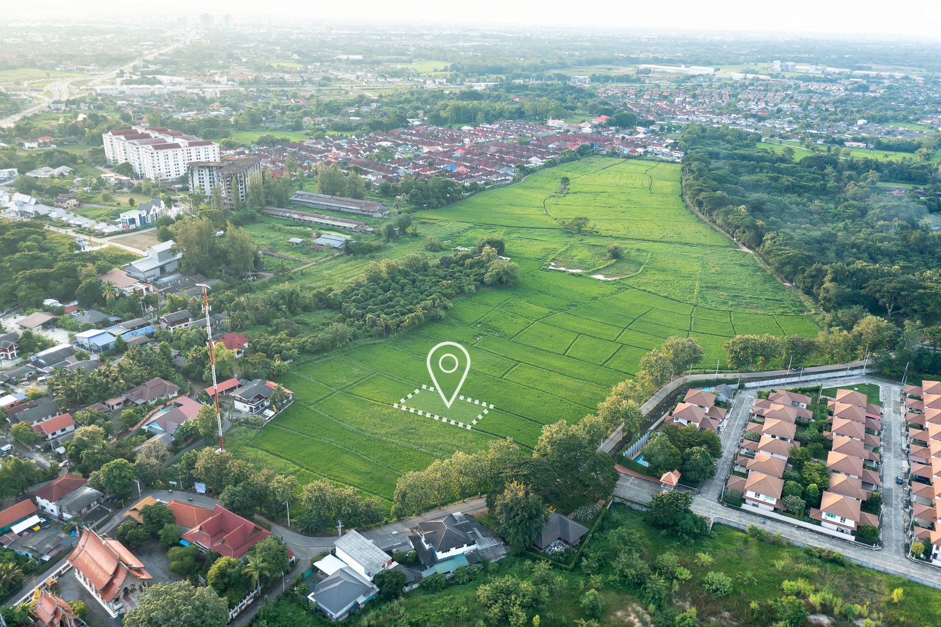 Land plot and identify registration symbol in aerial view.
