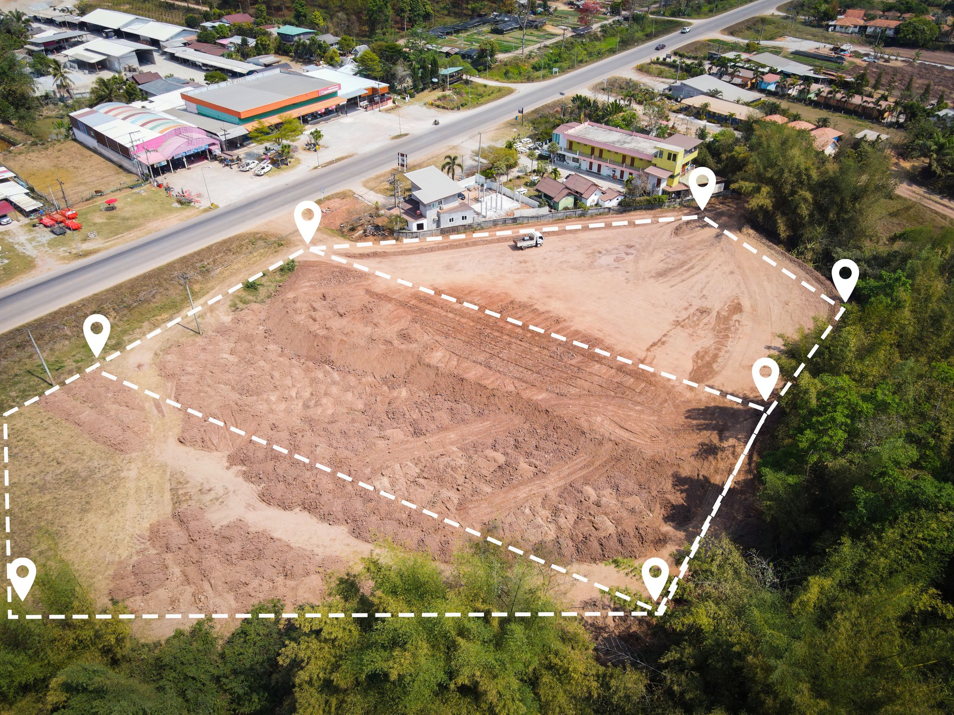 vacant land management land reclamation for land plot for building house aerial view, land pins location for housing subdivision residential development owned sale rent buy or investment home expand